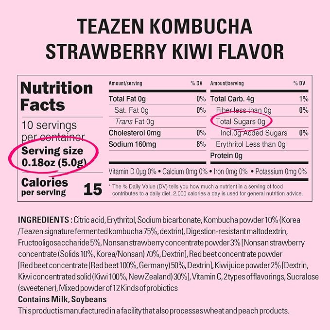 TEAZEN Strawberry Kiwi Kombucha Tea, Hydration Drink Mix, Sugar Free, Live Probiotics & Prebiotics