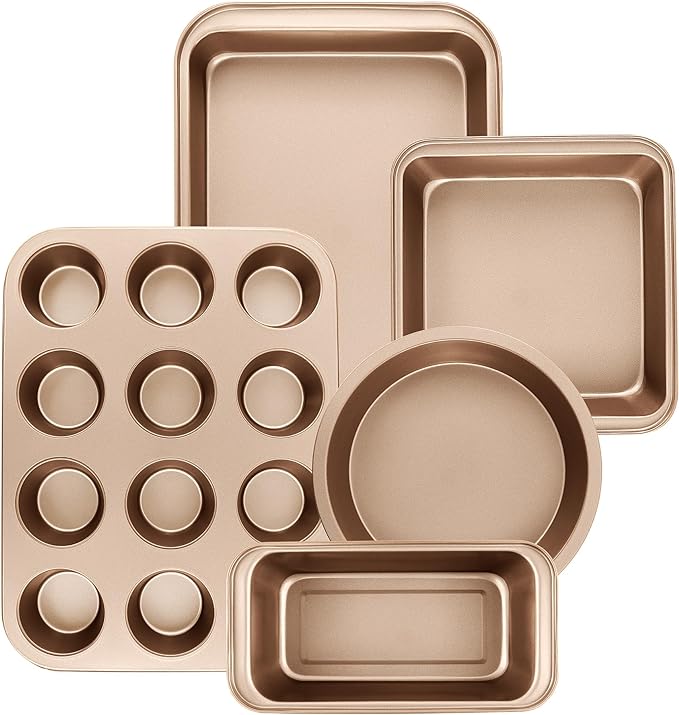 Nonstick Baking Pans Set, 5-Piece Kitchen Baking Sheets for Oven, Bakeware Sets with Round/Square