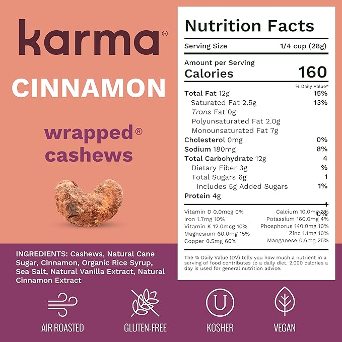 Cinnamon Wrapped Whole Cashews by Karma Nuts, Sweet & Savory, Air Roasted with Natural Skins, 2X