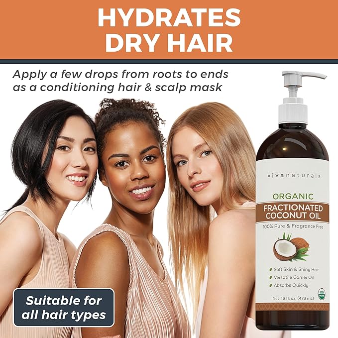 Viva Naturals Organic Fractionated Coconut Oil - Skin & Hair Moisturizer, Relaxing Massage and Body