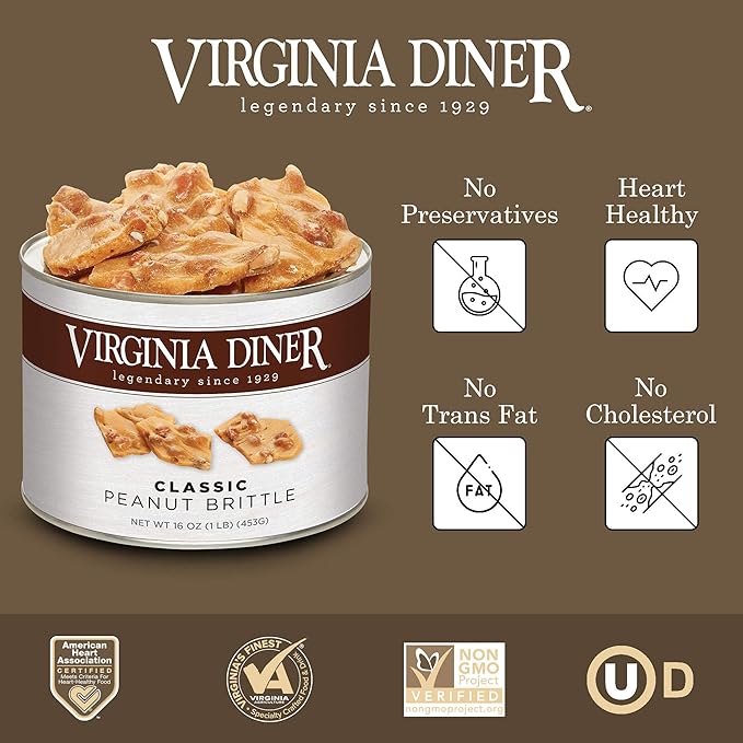 Virginia Diner Gourmet Natural Classic Peanut Brittle - XL Buttery Virginia Peanuts Non-GMO