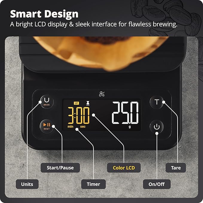 Greater Goods 0.1g Precision Coffee Scale with Timer – 3kg Digital Scale for Pour-Over, Espresso
