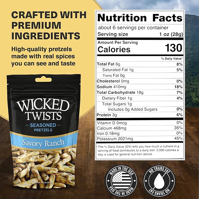 Wicked Twists Savory Ranch Seasoned Pretzels Twists 5.5 oz (1 Pack) Snack Pretzel Sticks Rods, Bold
