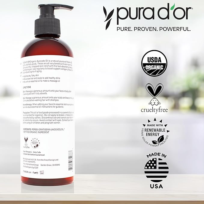 PURA D'OR 16 Oz ORGANIC Avocado Oil - 100% Pure & Natural USDA Certified Cold Pressed Carrier Oil