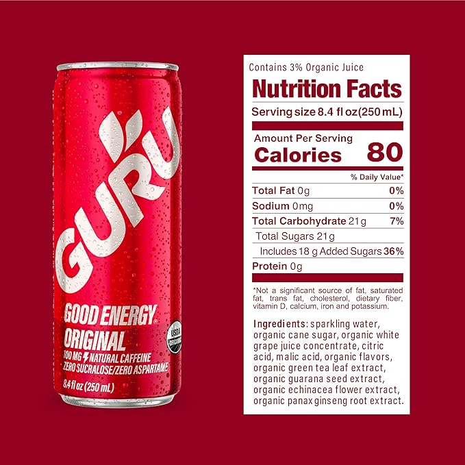 GURU Original Organic Energy Drinks, Clean Energy Drink with Plant Based Natural Caffeine from