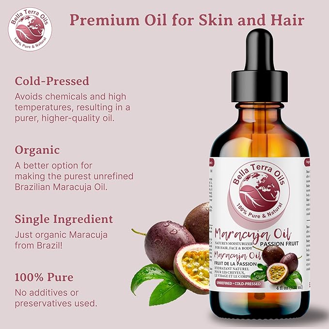 Bella Terra Oils - Maracuja Seed Oil 16oz - Cold-Pressed Purity from Passion Fruit Seeds, Infused
