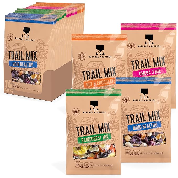 Trail Mix Snack Packs Variety - 4 Bags - Dried Fruit Mix & Nuts Mix with Chocolate Chips, Peanuts