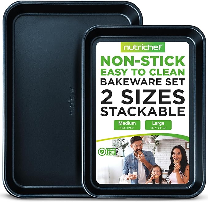 NutriChef 2-Piece Non-Stick Baking Sheet Pan Set - Premium Carbon Steel Cookie Sheets for Baking