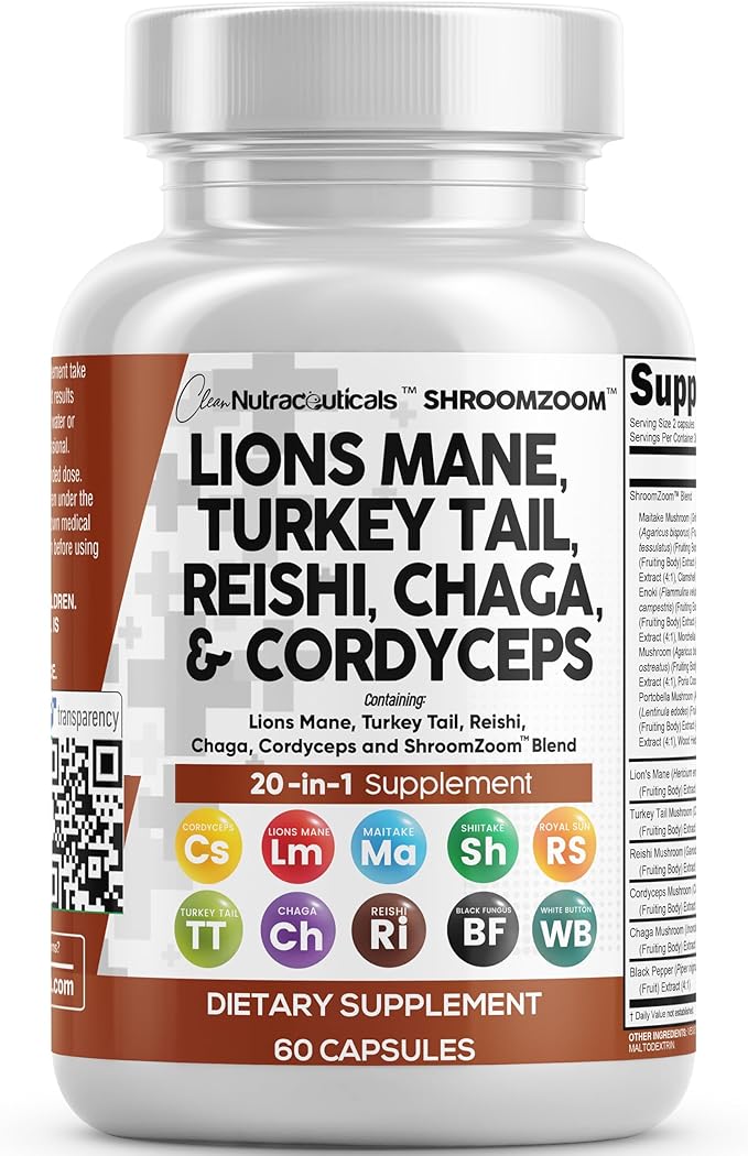 Clean Nutraceuticals Lions Mane 20in1 Mushroom Supplement with Turkey Tail Reishi Cordyceps Chaga