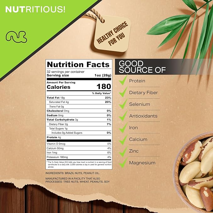 NUT CRAVINGS - Brazil Nuts Roasted & Unsalted - No Shell, Whole (32oz - 2 LB) Bulk Nuts Packed