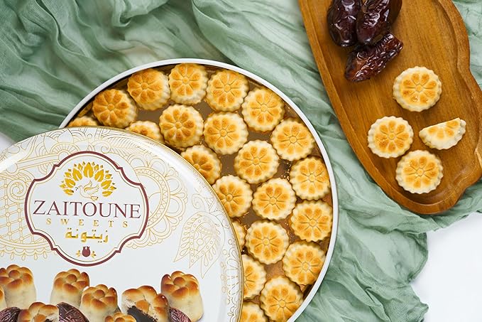 Zaitoune Date Maamoul - 18 oz | Middle Eastern Buttery Date Filled Cookies in a Beautiful Gift Tin