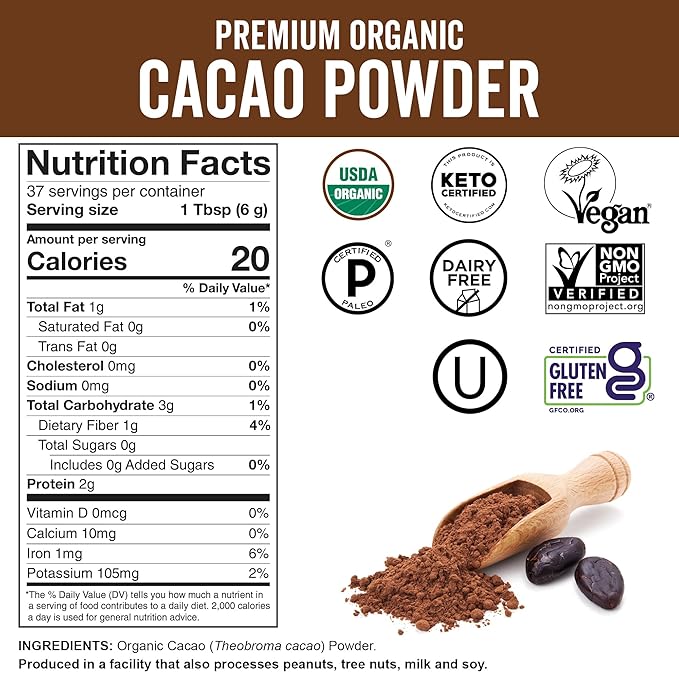 Viva Naturals Organic Cacao Powder, 8 oz - Unsweetened Cocoa Powder With Rich Dark Chocolate