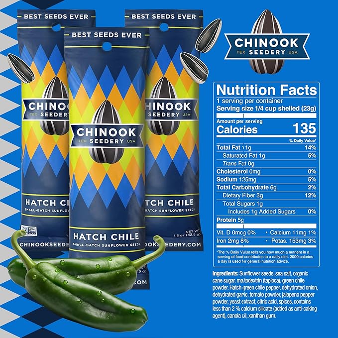 Chinook Seedery Roasted Sunflower Seeds to Eat - 1.5 oz (Pack of 36) Hatch Green Chile - Jumbo Low