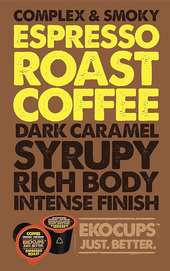 EKOCUPS Organic Espresso Roast Coffee Pods, Extra 30% More Coffee Per Cup, Artisan Fair Trade Dark