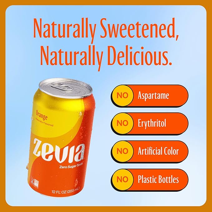 Zevia Zero Sugar Soda, Orange, 12 oz Cans (8-Pack) ??Naturally Sweetened, Non-GMO Project Verified