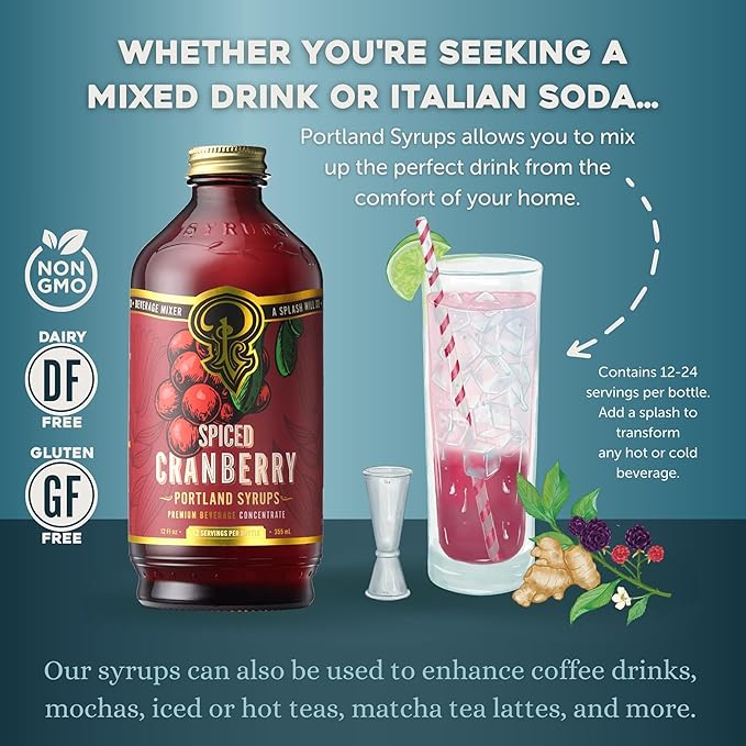 Portland Syrups Spiced Cranberry Syrup - Drink Mixer for Crafting Cocktails, Mocktails, & Seasonal