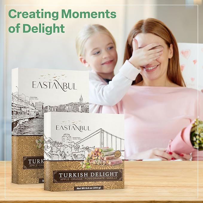 Eastanbul Turkish Delight, 8.8oz, Turkish Delights Candy Sticks Pistachio Filled w/ 4 Flavors: