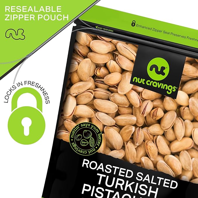 NUT CRAVINGS - Roasted & Lightly Salted Turkish Pistachios Antep (16oz - 1 LB) Packed Fresh in