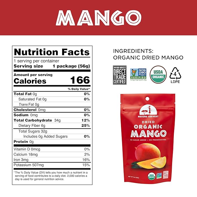 Mavuno Harvest Mango Dried Fruit Snacks | Unsweetened Organic Dried Mango Slices | Gluten Free