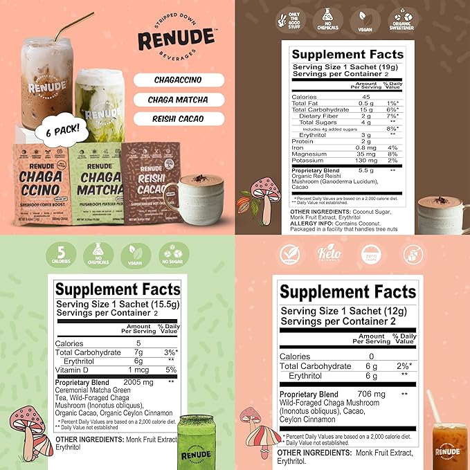 Renude Variety Pack - Mushroom Matcha, Coffee & Hot Chocolate, Cacao Powder, Natural Vegan