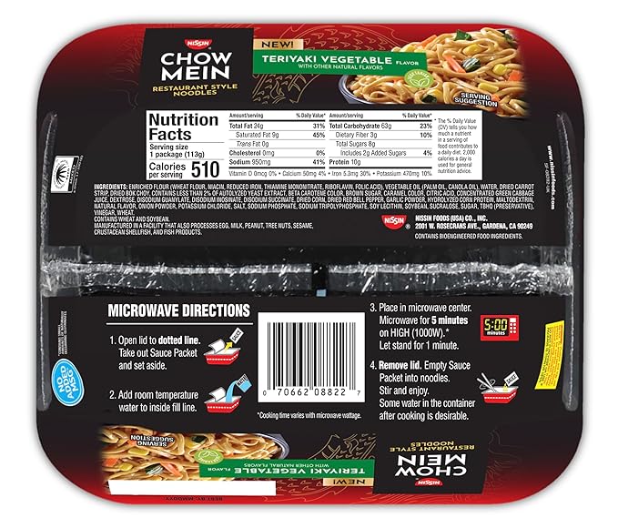 Nissin Chow Mein Noodles, Teriyaki Vegetable, 4 Ounce (Pack of 8)