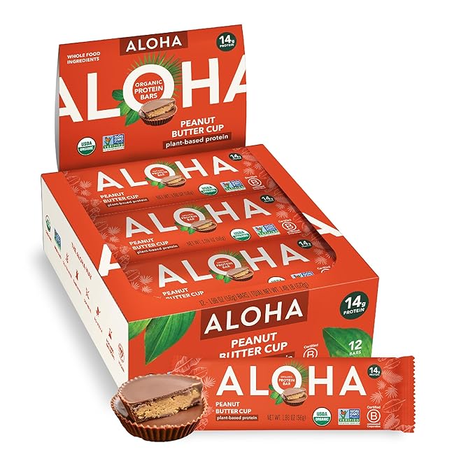 ALOHA Organic Plant Based Protein Bars - Peanut Butter Cup Bar - 12 Bars, Vegan, Low Sugar