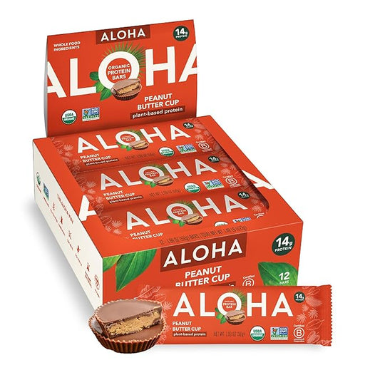 ALOHA Organic Plant Based Protein Bars - Peanut Butter Cup Bar - 12 Bars, Vegan, Low Sugar
