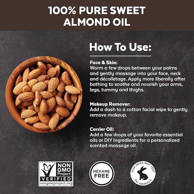 Viva Naturals Sweet Almond Oil for Skin - Body Oil, Hair Moisturizer and Relaxing Massage and Oil