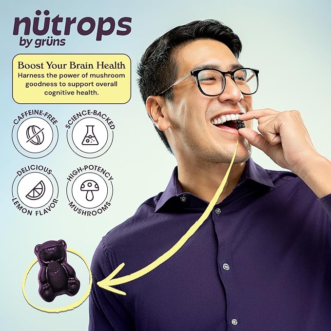 Nutrops Lions Mane Mushroom Gummies for Adults, Functional Nootropics, Herbal Brain Supplement for