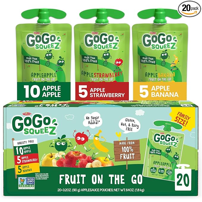 GoGo squeeZ Applesauce, Variety Pack (Apple/Banana/Strawberry), 3.2 Ounce (20 Pouches), Gluten