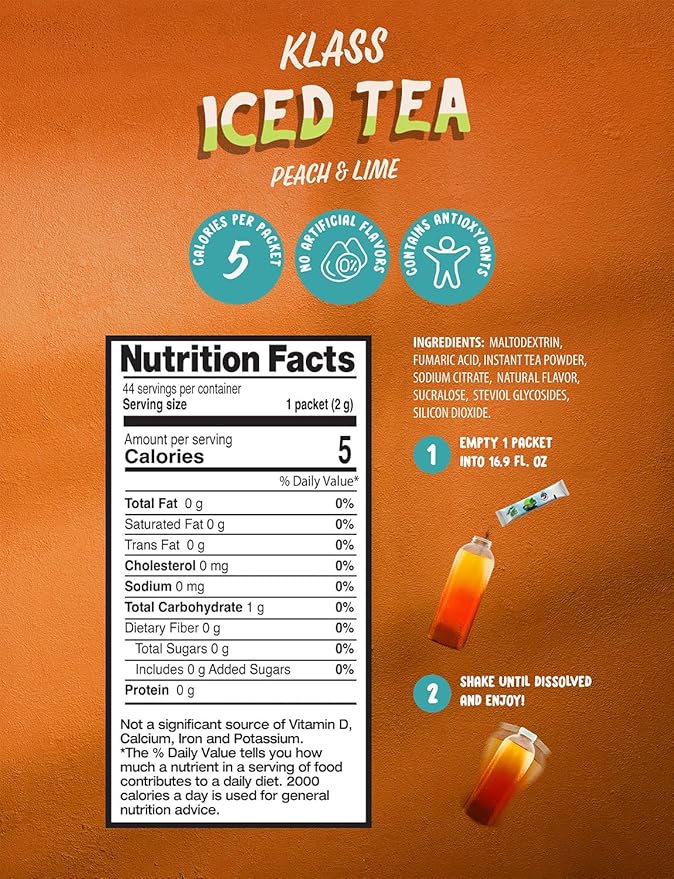 Klass Iced Tea Drink Mix - Sugar Free Variety Pack - Peach & Lime Black Tea On-The-Go! (44 Count