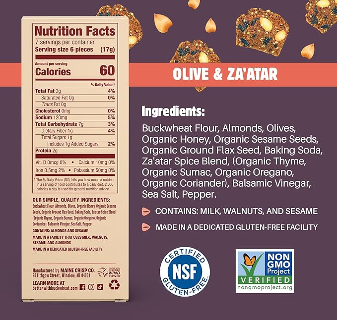 Maine Crisp Olive & Za'atar Crisps, 4 Pack, Gluten Free Crackers - Snack Crackers, Grain Free