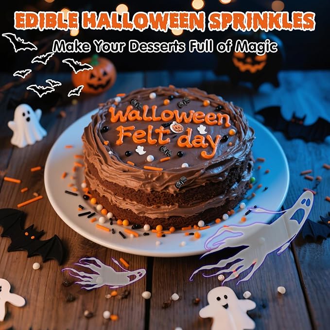 Edible Halloween Pumpkin Sprinkles,Orange Pearls Mix White Ghost,130g/4.58oz,Black Bat