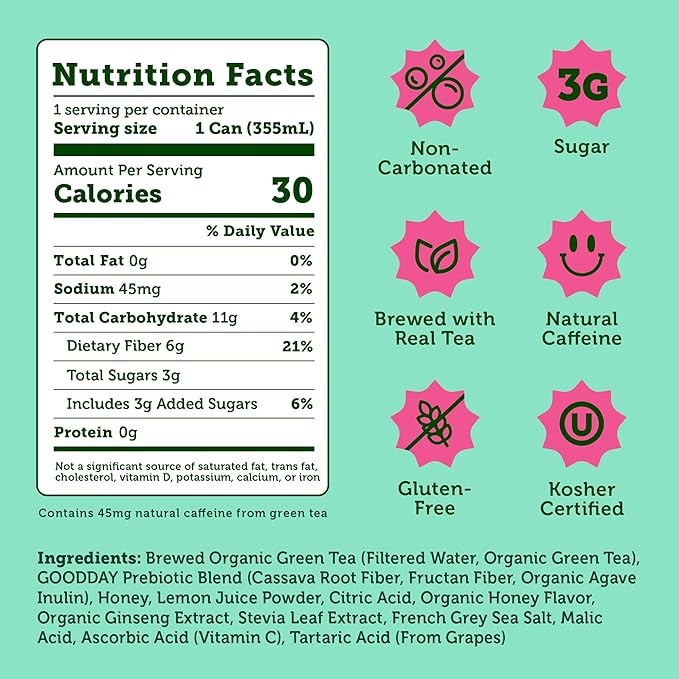 HALFDAY Prebiotic Green Tea with Honey & Ginseng, Supports Digestive & Gut Health, 6g Plant Fiber