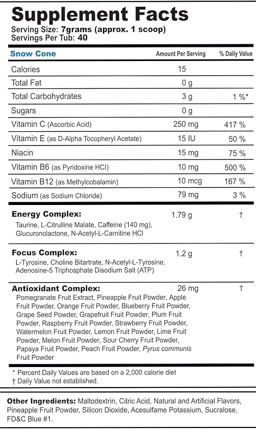 G Fuel Snow Cone Energy Drink Powder, Pre Workout Caffeine Mix for Gaming, Sugar Free Focus Amino