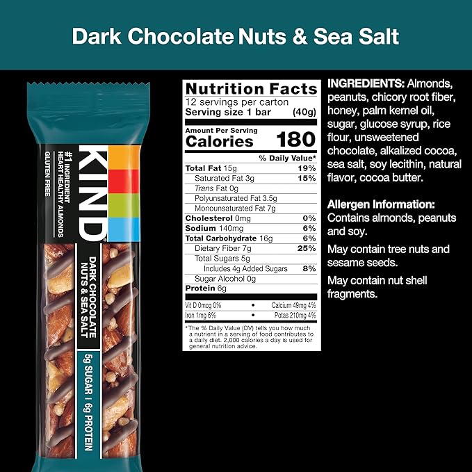 KIND Nut Bars, Dark Chocolate Nuts and Sea Salt, Healthy Snacks, Gluten Free, Low Sugar, 6g