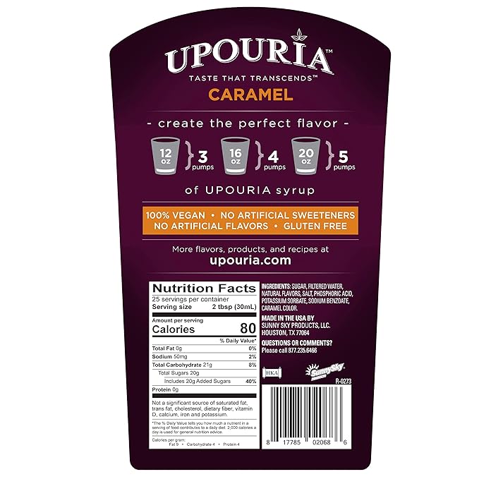 Upouria Caramel Coffee Syrup Flavoring, 100% Vegan, Gluten-Free, Kosher, 750ml bottle (Pack of 2)