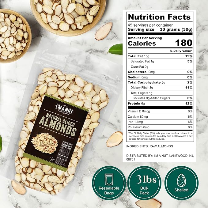 Premium Raw Unsalted Sliced Almonds 48oz (3 lb) | Superior Gourmet Quality | Batch Tested Gluten &