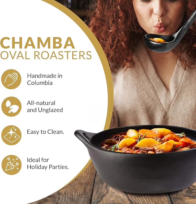 Authentic Chamba Covered Oval Roaster-Elegant, All-Natural Black Clay Casserole for Braising