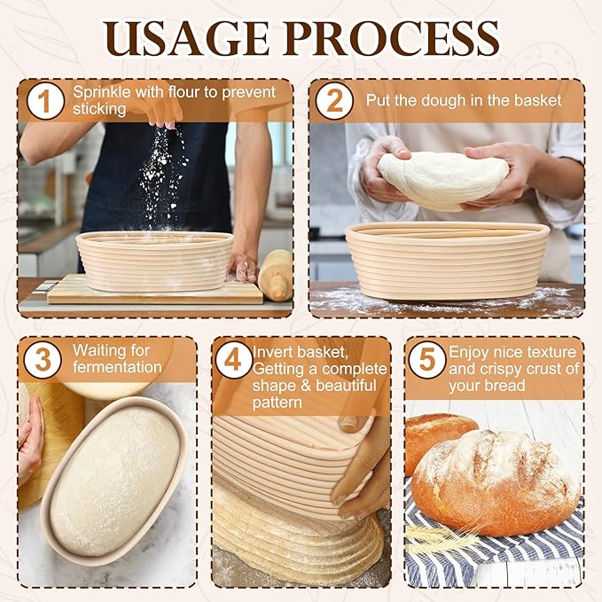 P&P CHEF Sourdough Bread Proofing Basket Set of 6, 10 Inch Oval Dough Proofing Bowls, Sourdough