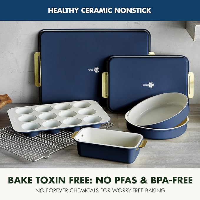 GreenPan Bakeware Set, 7 Piece Nonstick Ceramic Gold Handle Baking Sheets, Cake Pans, Loaf Pan