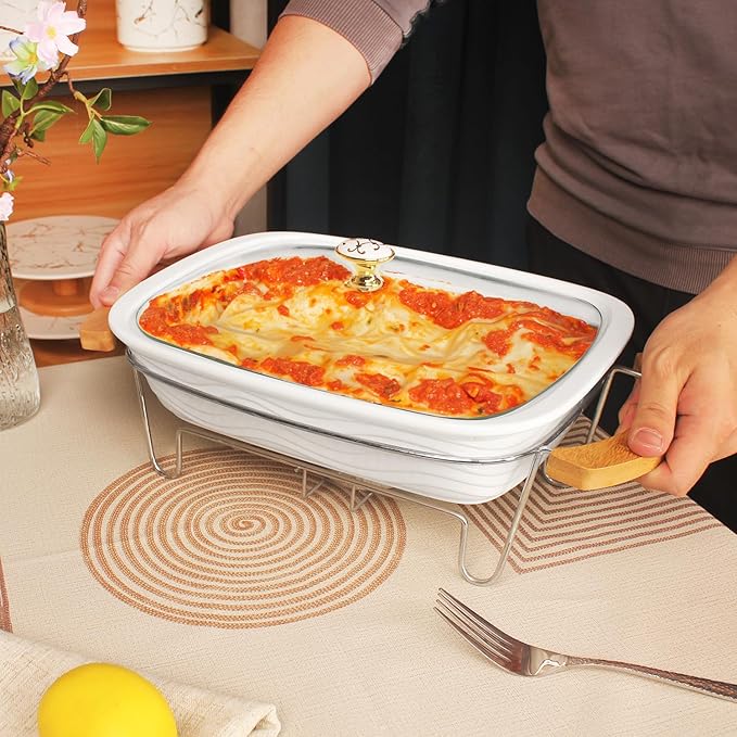 12" x 8" Ceramic Casserole Baking Dish With Glass cover and rack, Lasagna Pan Deep for Oven, 2.2