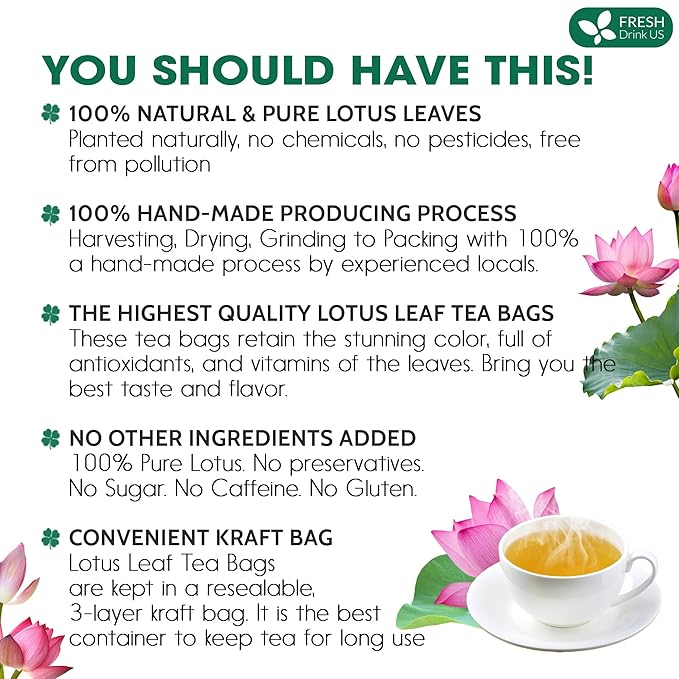 FreshDrinkUS, Premium 135 Lotus Leaf Tea Bags, 100% Natural & Pure from Lotus Leaves. Loose Leaf