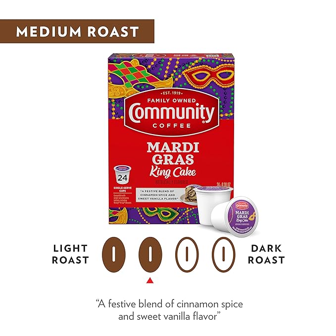 Community Coffee Mardi Gras King Cake Flavored 12 Count Coffee Pods, Medium Roast, Compatible with