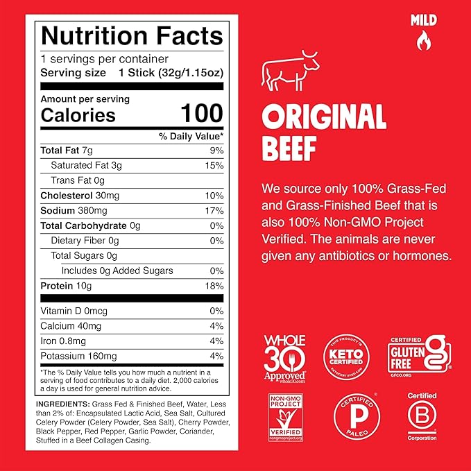 Chomps Grass-Fed and Finished Original Beef Jerky Snack Sticks 10-Pack - Keto, Paleo, Whole30, 10g