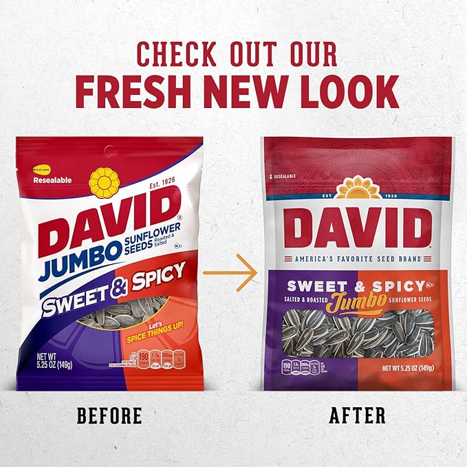 DAVID Roasted and Salted Sweet and Spicy Jumbo Sunflower Seeds, Keto Friendly, 5.25 oz, 12 Pack