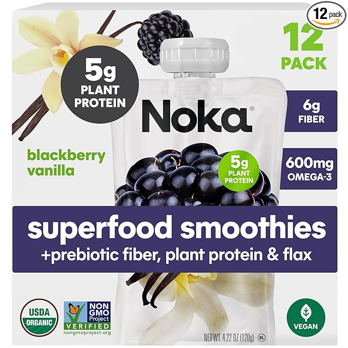Noka Superfood Fruit Smoothie Pouches, Blackberry Vanilla, Healthy Snacks with Flax Seed, Plant