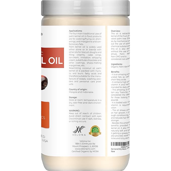 velona USDA Certified Organic Palm Kernel Oil - 32 Fl Oz | 100% Pure and Natural Carrier Oil |