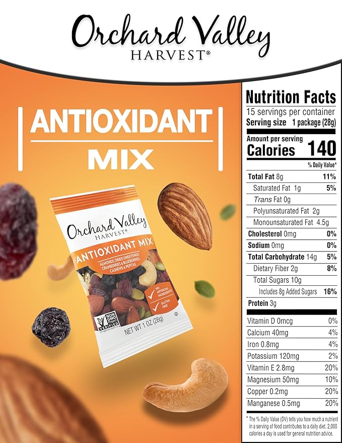 Orchard Valley Harvest Antioxidant Mix, 1 Ounce Bags (Pack of 15), Almonds, Cranberries
