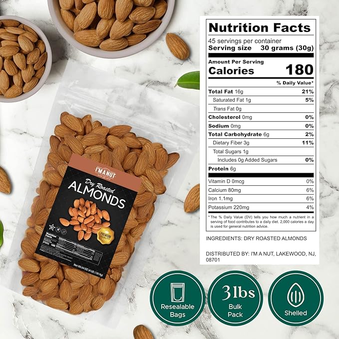 Dry Roasted Almonds Unsalted 48 oz (3 lbs) Batch Tested Gluten & Peanut Free | No Oil | Whole | No